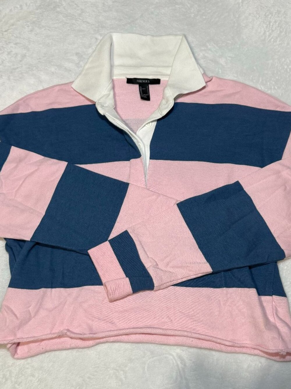 Blue and Pink Striped Long Sleeve Cropped Polo Collared Shirt